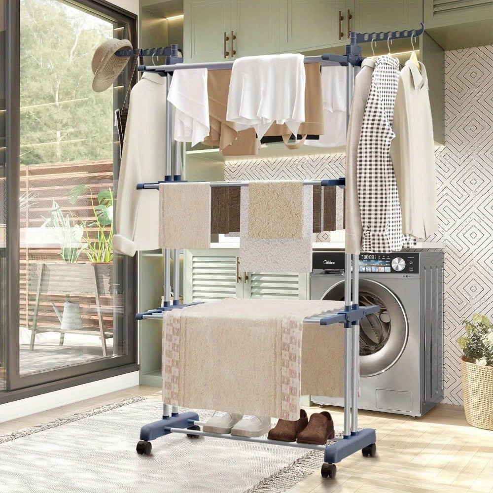 3 Tier Foldable Clothes Drying Rack Vertical Laundry Airer with Wheels Large Capacity Indoor Outdoor