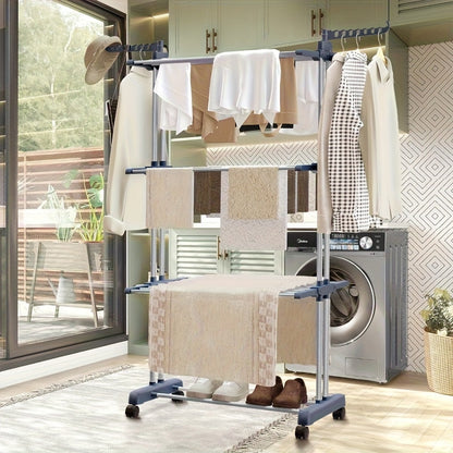3 Tier Foldable Clothes Drying Rack Vertical Laundry Airer with Wheels Large Capacity Indoor Outdoor