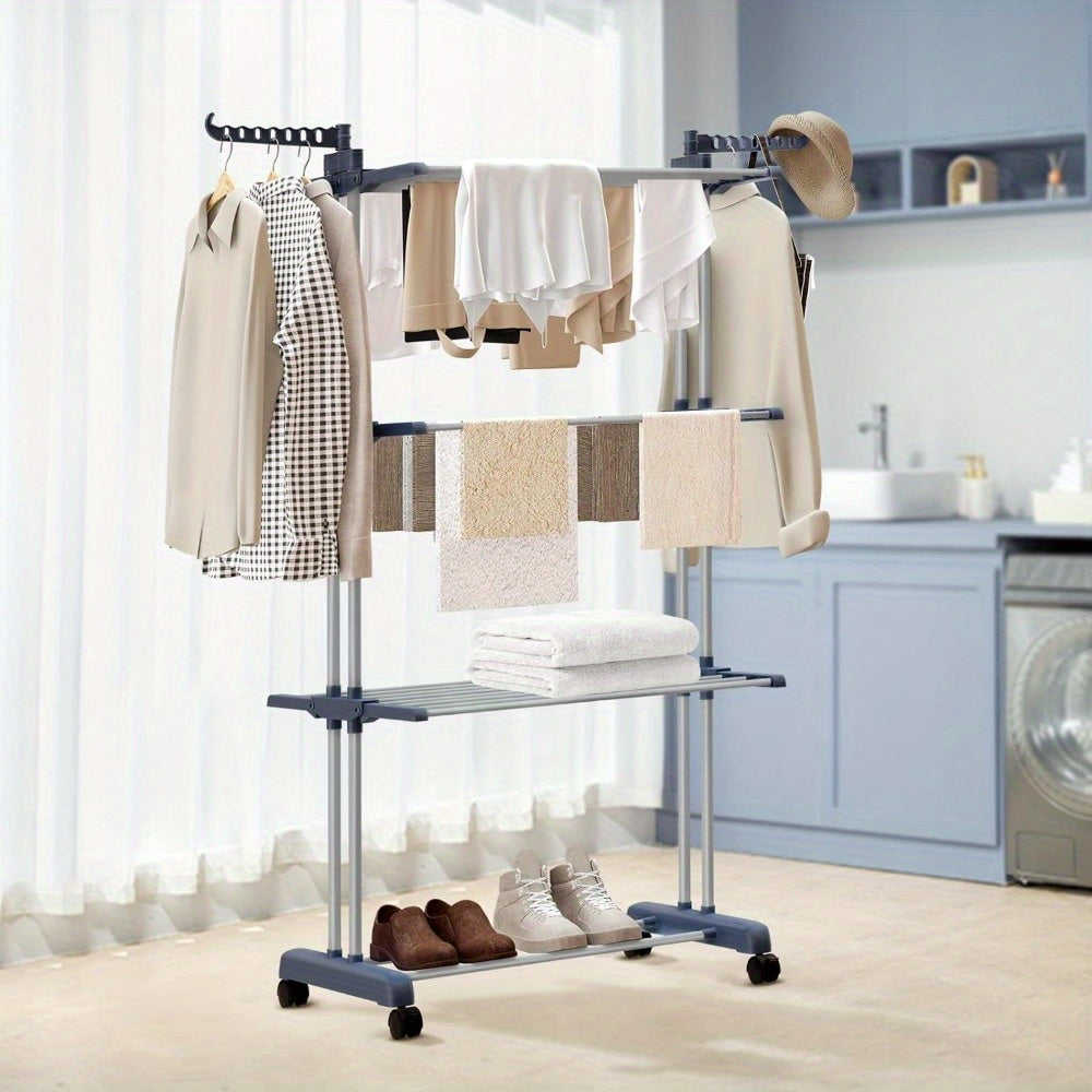 3 Tier Foldable Clothes Drying Rack Vertical Laundry Airer with Wheels Large Capacity Indoor Outdoor
