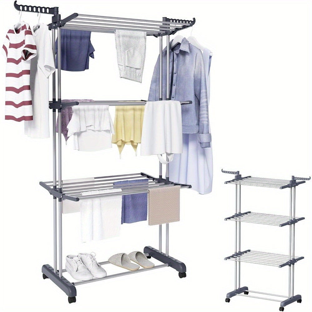 3 Tier Foldable Clothes Drying Rack Vertical Laundry Airer with Wheels Large Capacity Indoor Outdoor
