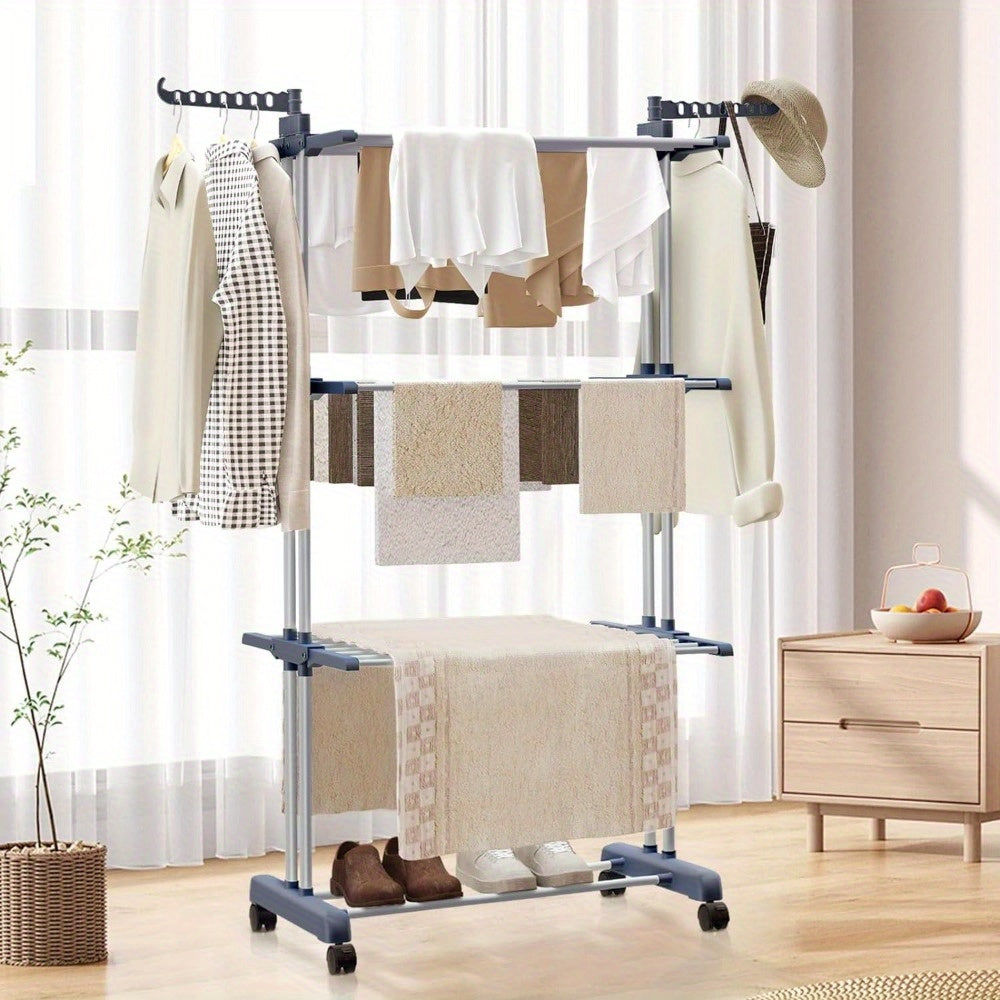 3 Tier Foldable Clothes Drying Rack Vertical Laundry Airer with Wheels Large Capacity Indoor Outdoor