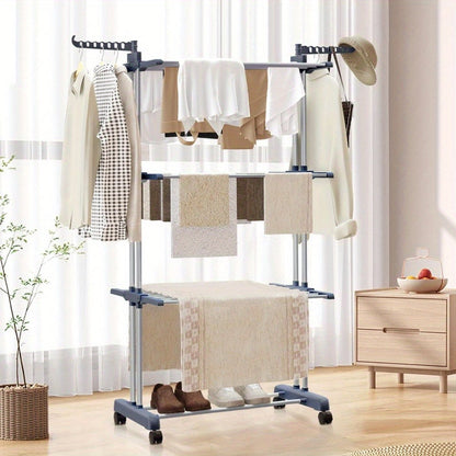 3 Tier Foldable Clothes Drying Rack Vertical Laundry Airer with Wheels Large Capacity Indoor Outdoor
