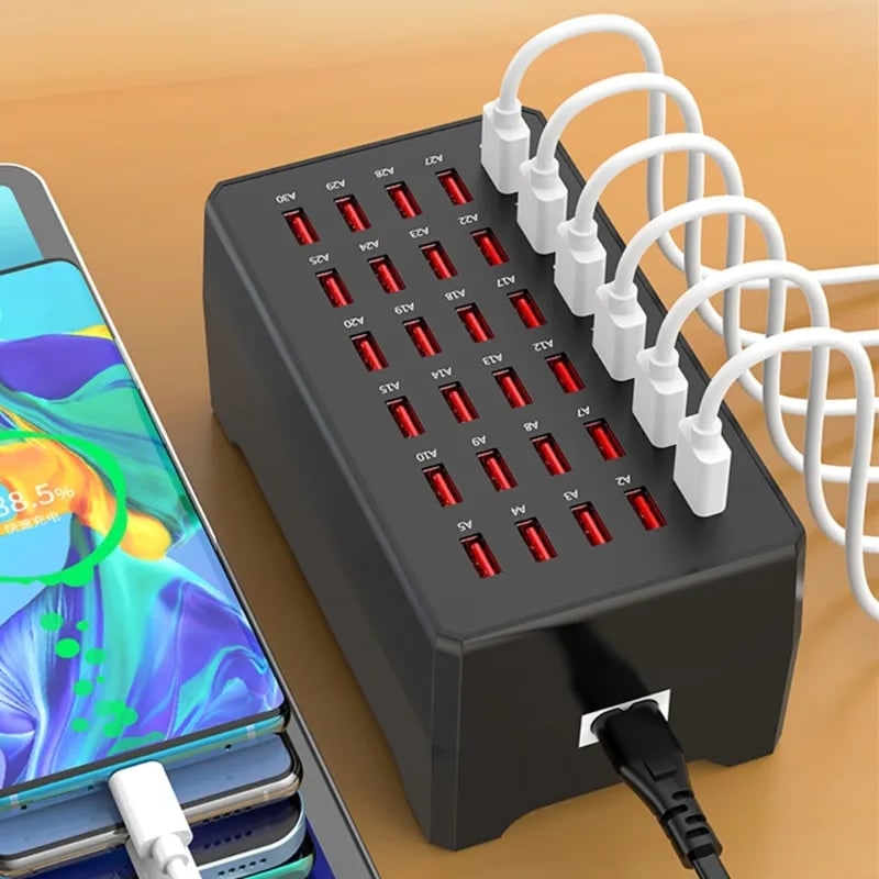 30-ports USB-opladestation med 150W strømhub til flere enheder