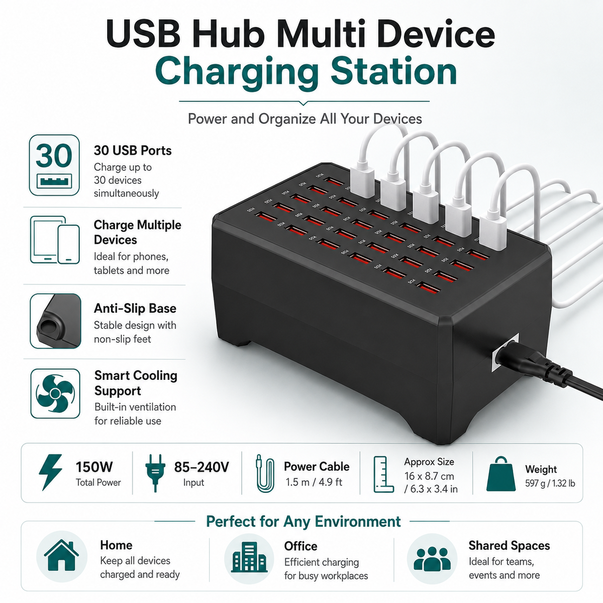 30 Port USB Charging Station for Multiple Devices