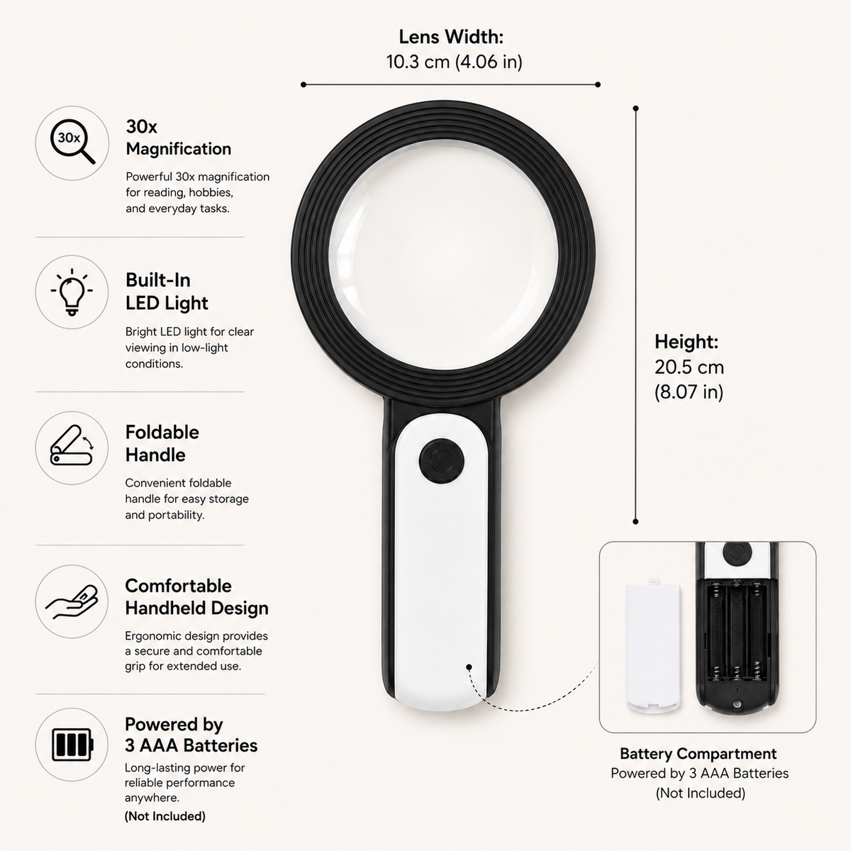 30x Handheld Magnifying Glass with LED Light and Foldable Design for Close-Up Viewing