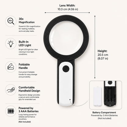 30x Handheld Magnifying Glass with LED Light and Foldable Design for Close-Up Viewing
