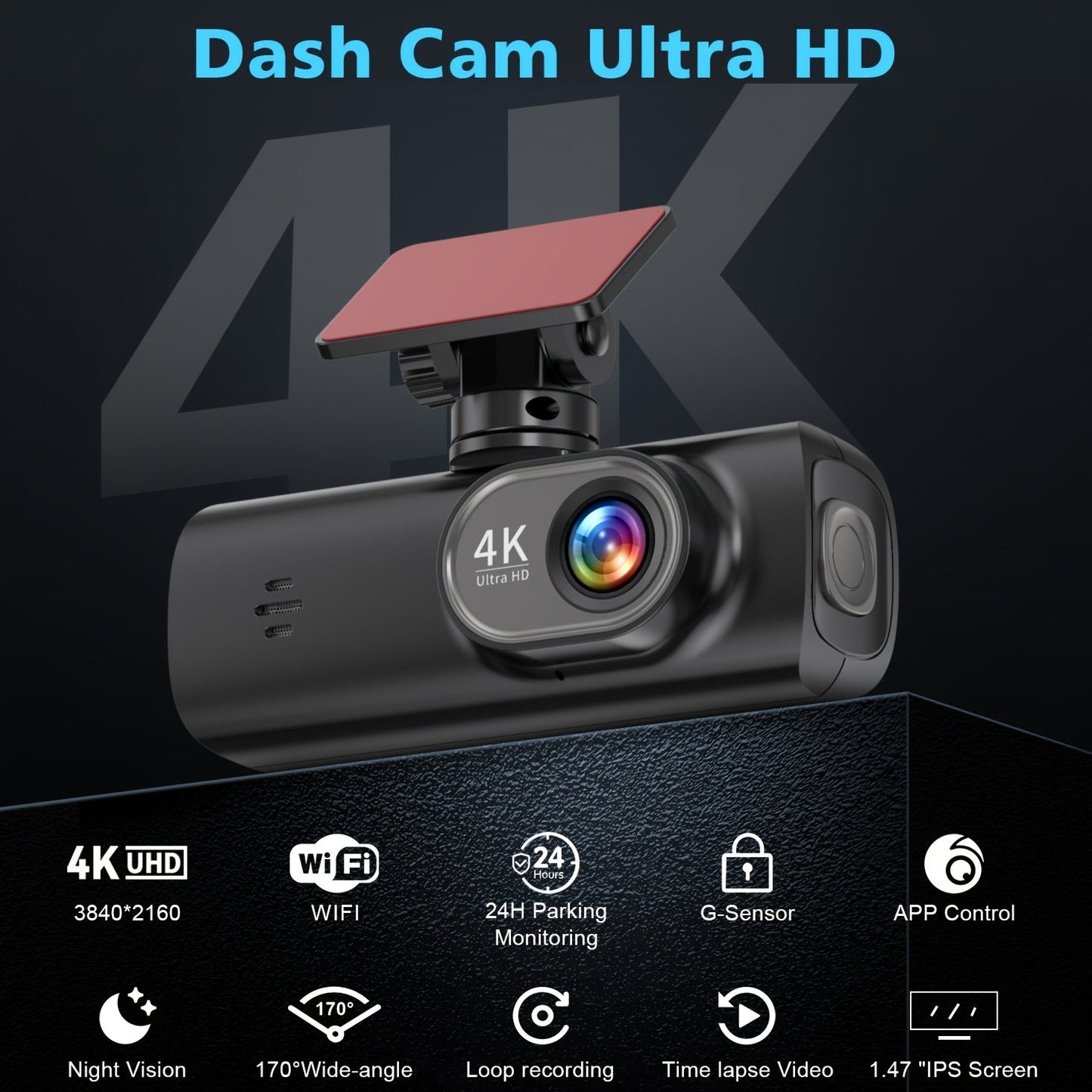 4K Ultra HD Dash Cam Car Camera with 170 Wide Angle Night Vision and WiFi App Control