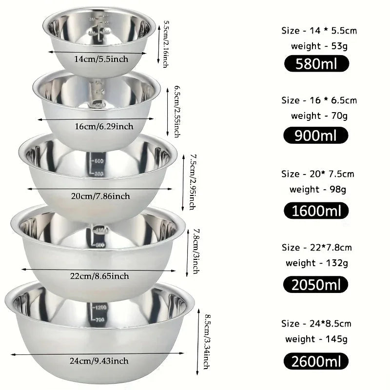 5 Piece Stainless Steel Mixing Bowl Set with Measuring Marks