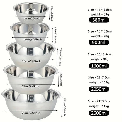5 Piece Stainless Steel Mixing Bowl Set with Measuring Marks