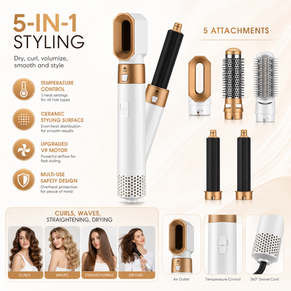 5-in-1 Hair Dryer and Curler with Temperature Control and Ceramic Heating