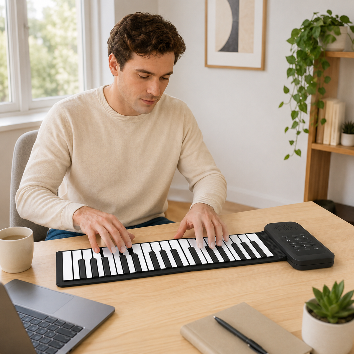 61-Key Roll-Up Piano with Flexible Silicone Keyboard and Built-In Speaker
