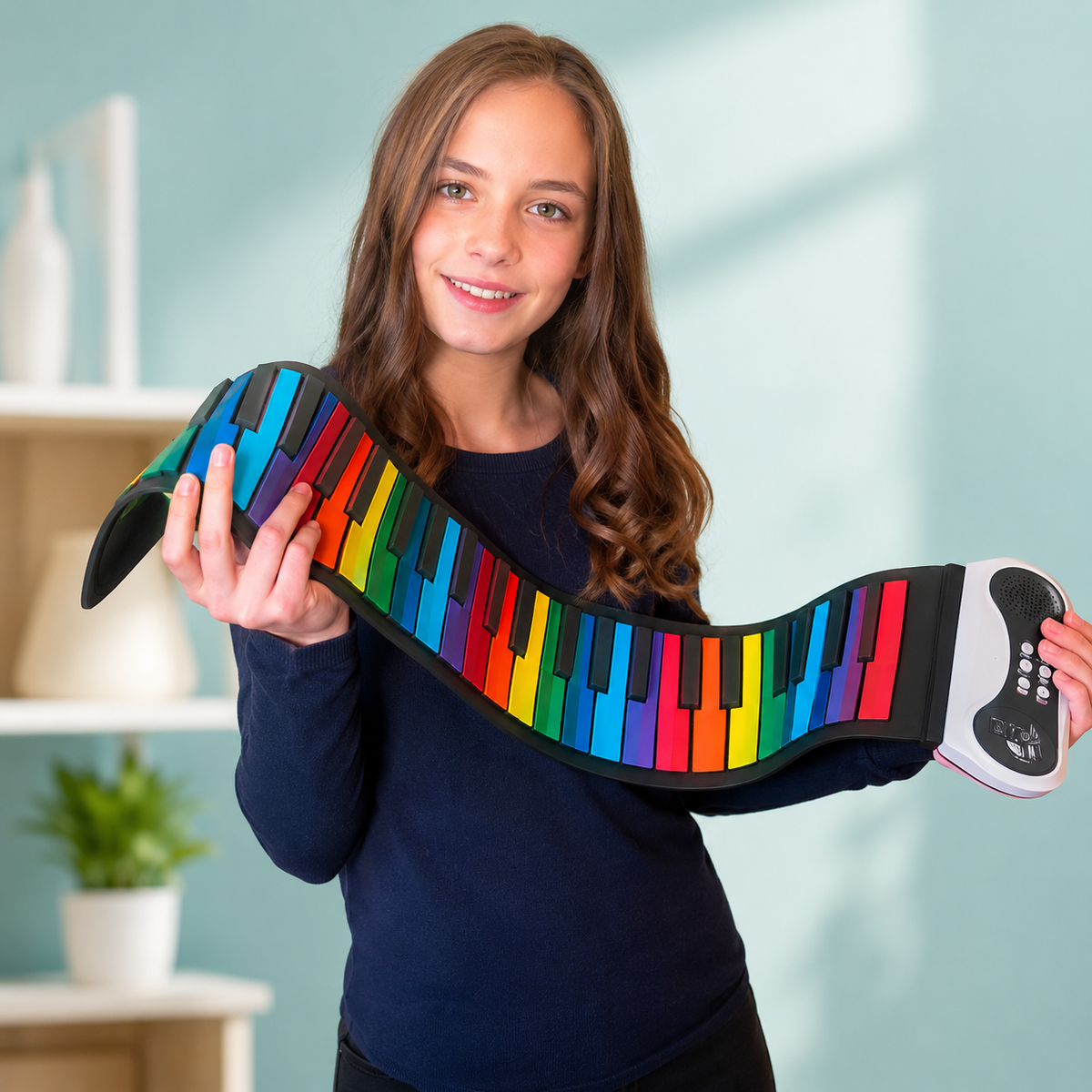 61-Key Roll-Up Piano with Flexible Silicone Keyboard and Built-In Speaker