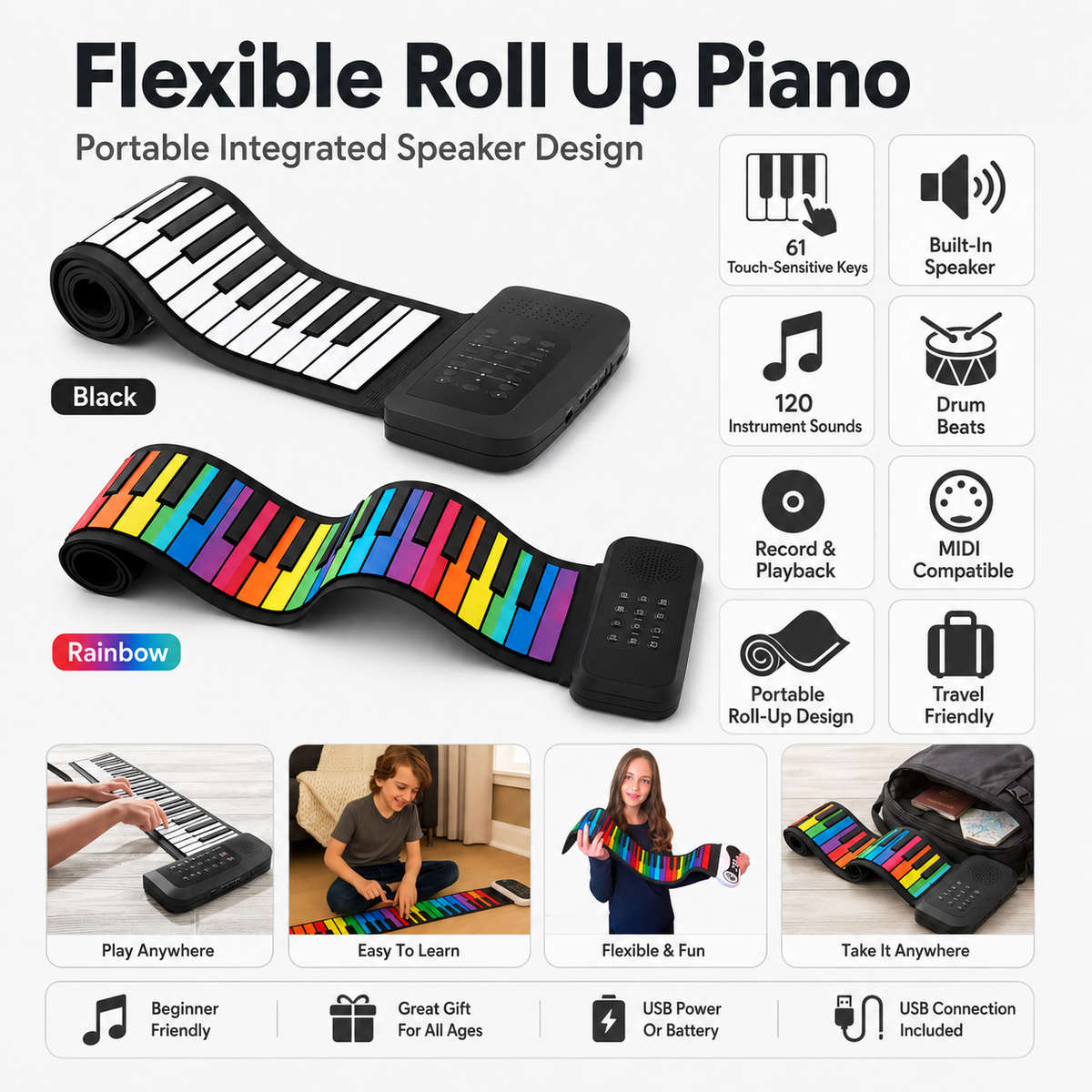 61-Key Roll-Up Piano with Flexible Silicone Keyboard and Built-In Speaker