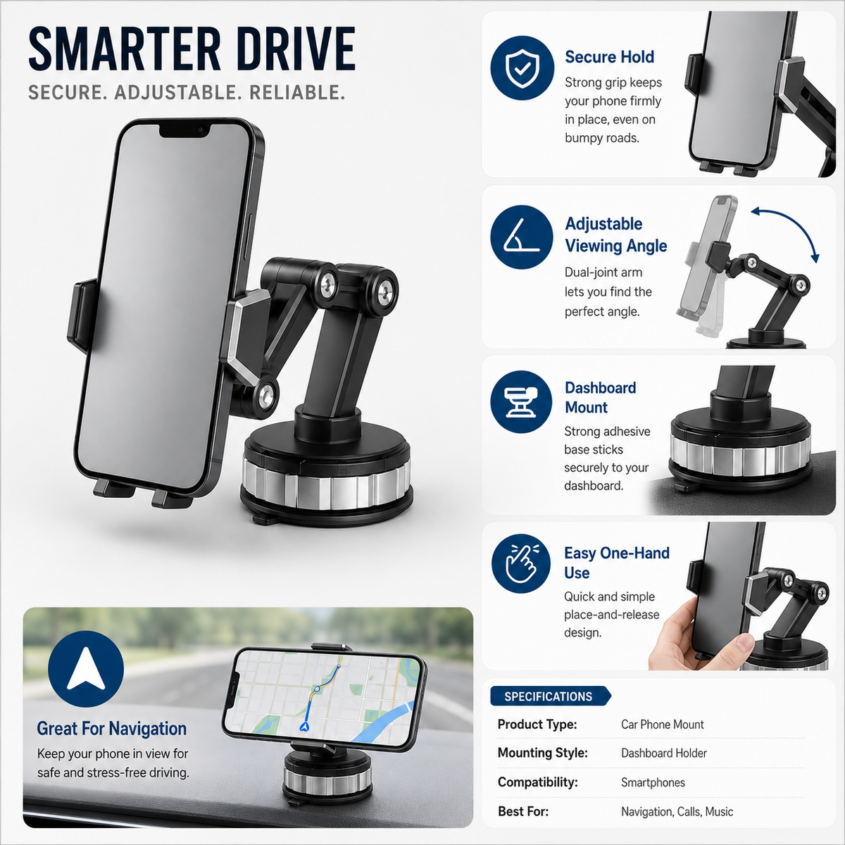 Adjustable Car Phone Holder for Dashboard and Air Vent