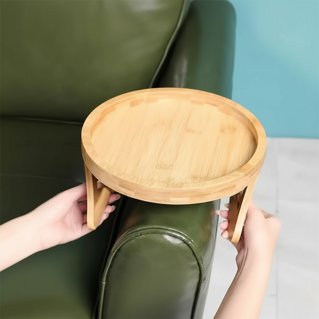 Adjustable Folding Sofa Armrest Table Tray Solid Wood