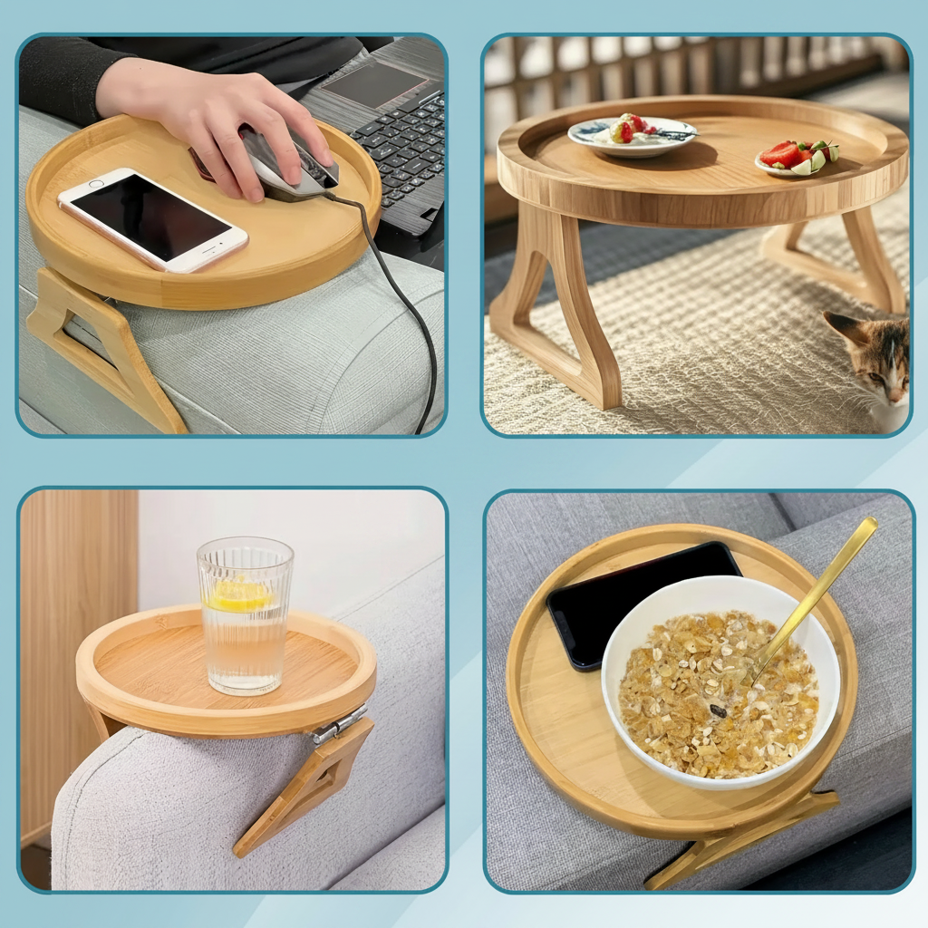 Adjustable Folding Sofa Armrest Table Tray Solid Wood