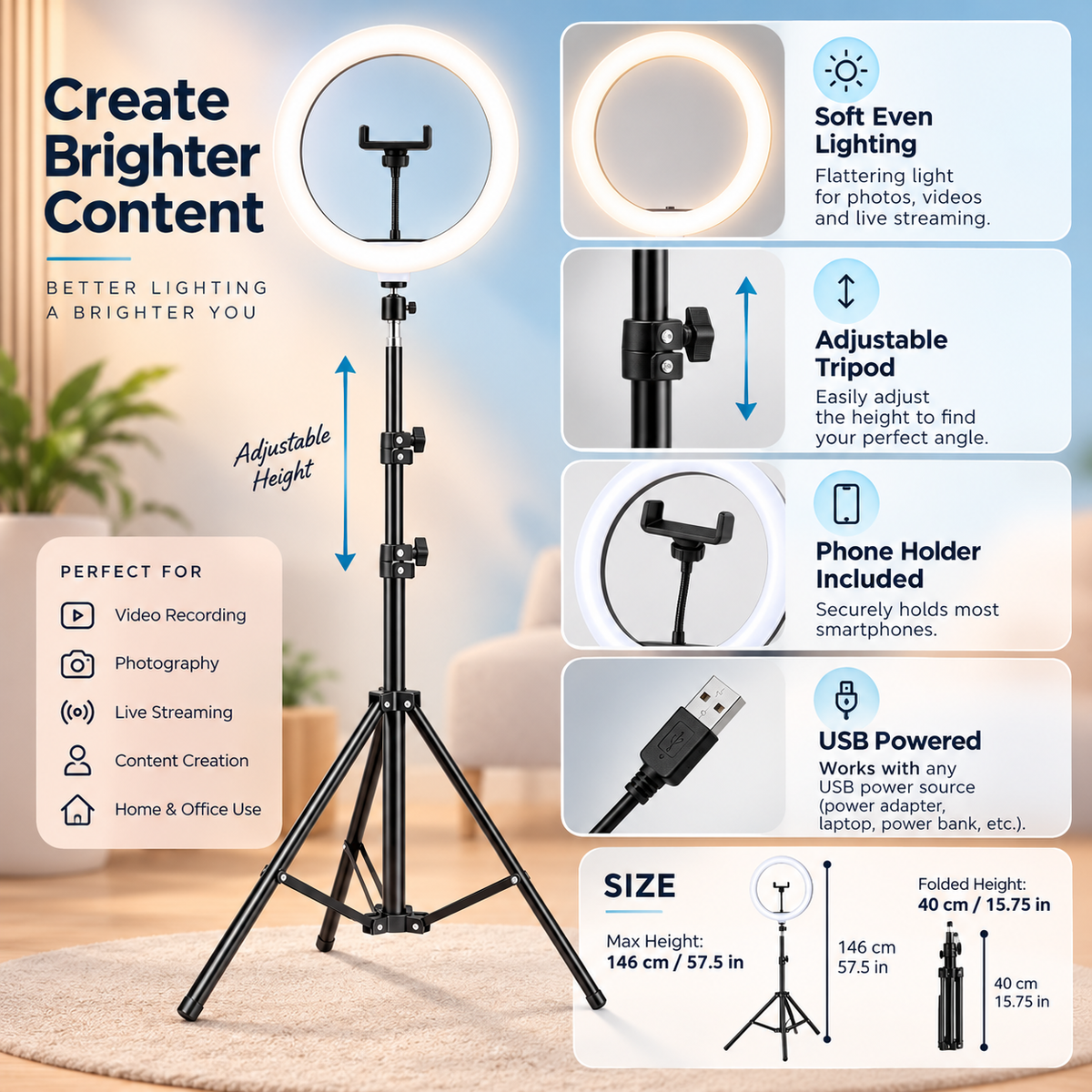 Adjustable LED Ring Light with Tripod Stand and Phone Holder