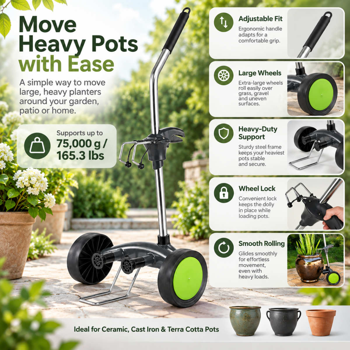 Adjustable Potted Plant Dolly with Heavy-Duty Wheels and Wheel Lock