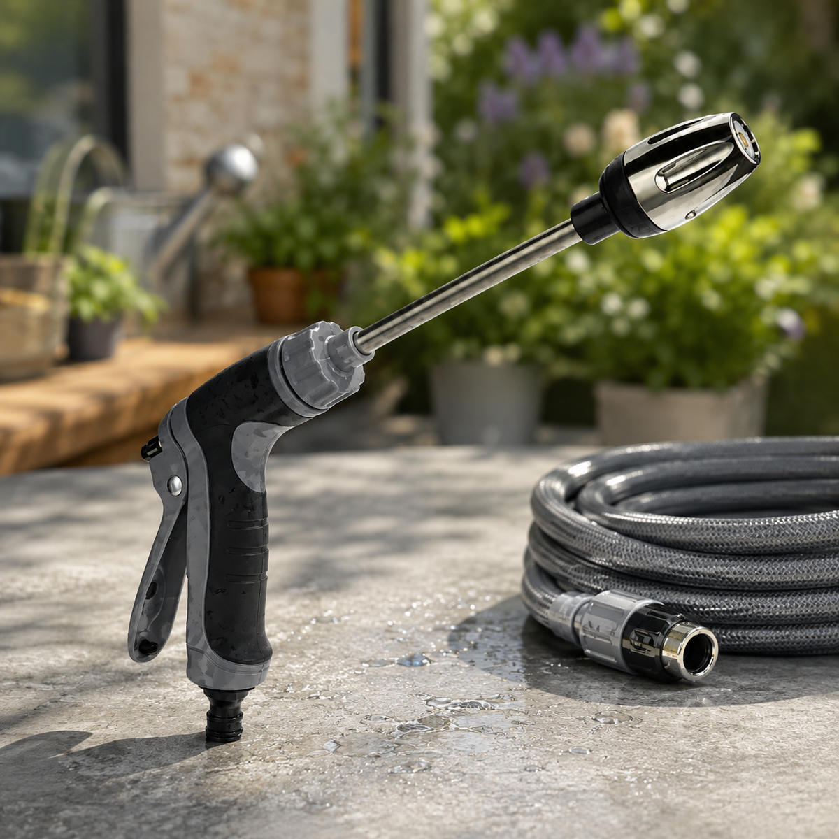 Adjustable Stainless Steel Garden Hose Nozzle with High-Pressure Water Flow and 360° Rotating Jet