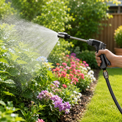 Adjustable Stainless Steel Garden Hose Nozzle with High-Pressure Water Flow and 360° Rotating Jet