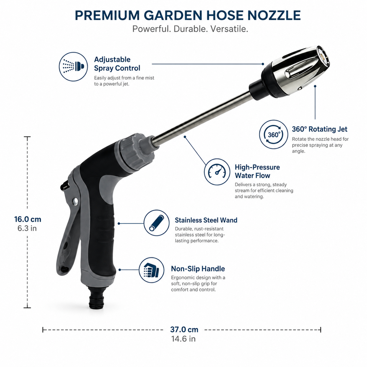 Adjustable Stainless Steel Garden Hose Nozzle with High-Pressure Water Flow and 360° Rotating Jet