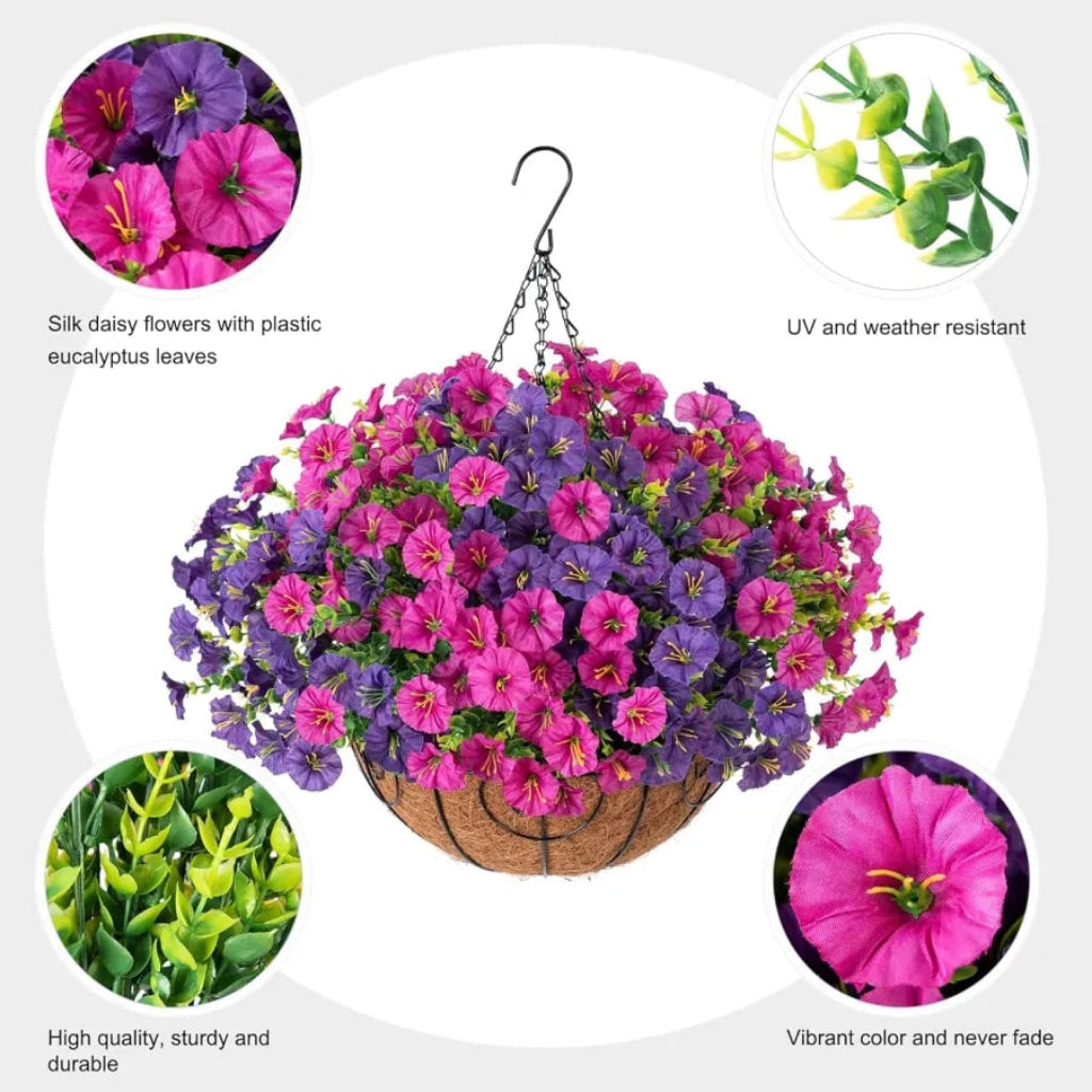 Artificial Silk Flower Hanging Basket for Indoor Outdoor Home Decor
