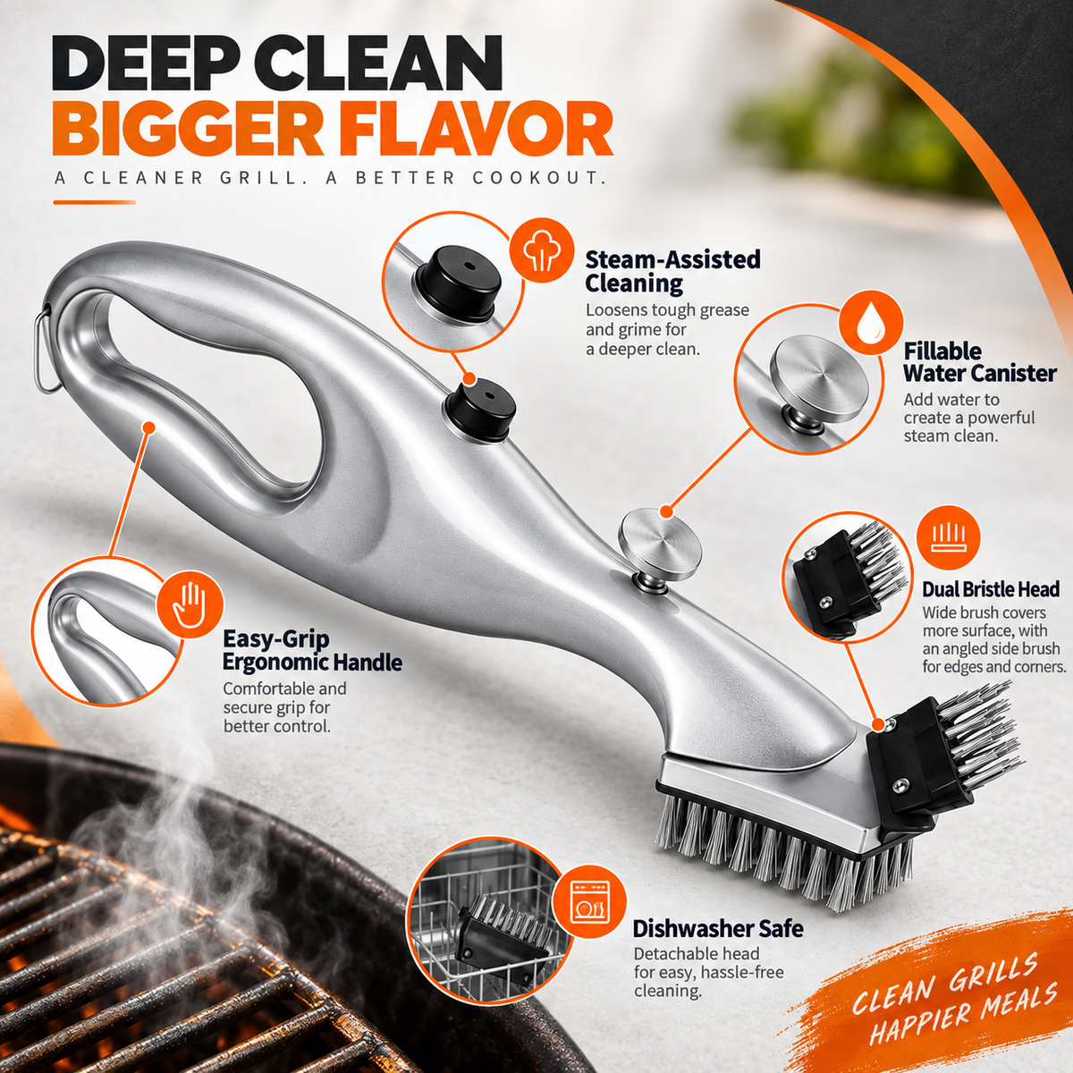 BBQ Steam Cleaning Brush with Easy-Grip Handle and Fillable Water Canister