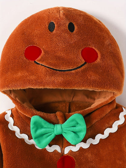 Baby Gingerbread Romper Fleece Hooded Christmas Outfit Warm Jumpsuit