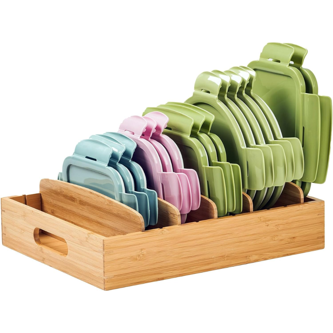Bamboo Kitchen Lid Organizer Adjustable Storage Rack for Containers