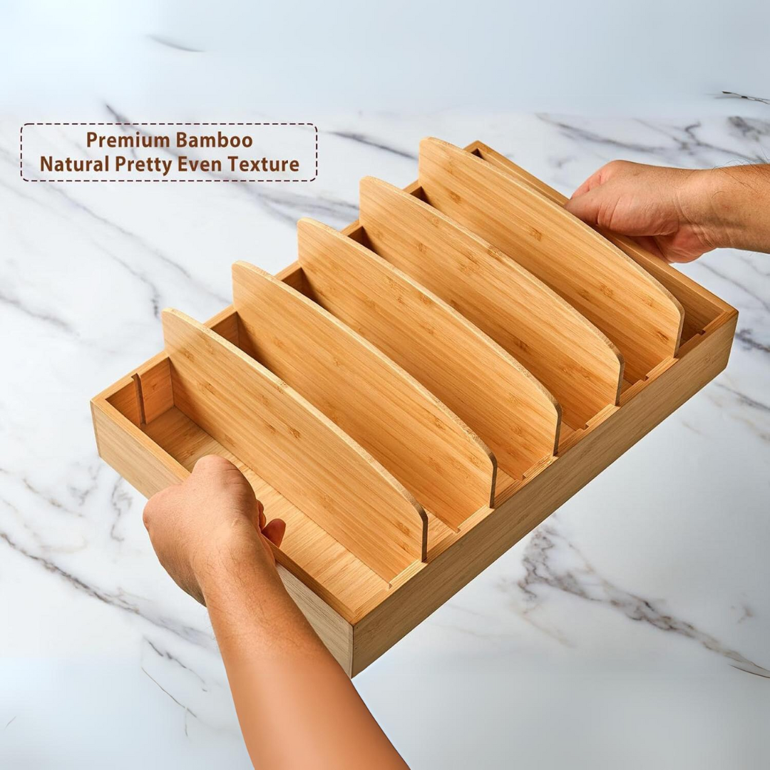 Bamboo Kitchen Lid Organizer Adjustable Storage Rack for Containers