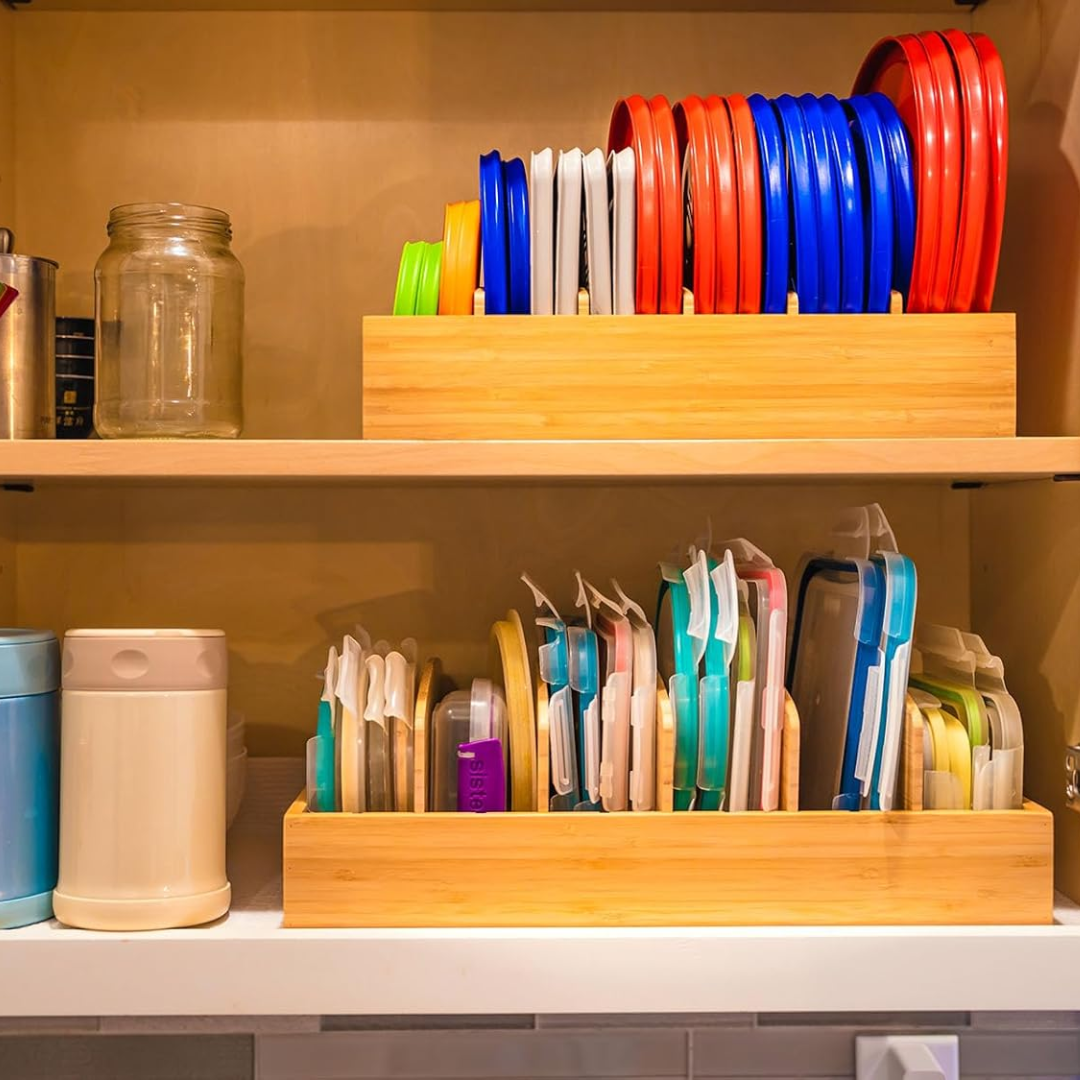 Bamboo Kitchen Lid Organizer Adjustable Storage Rack for Containers