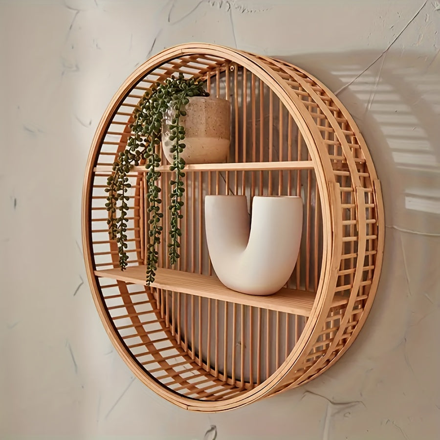 Bamboo Round Wall Shelf Handmade Storage Display Decor