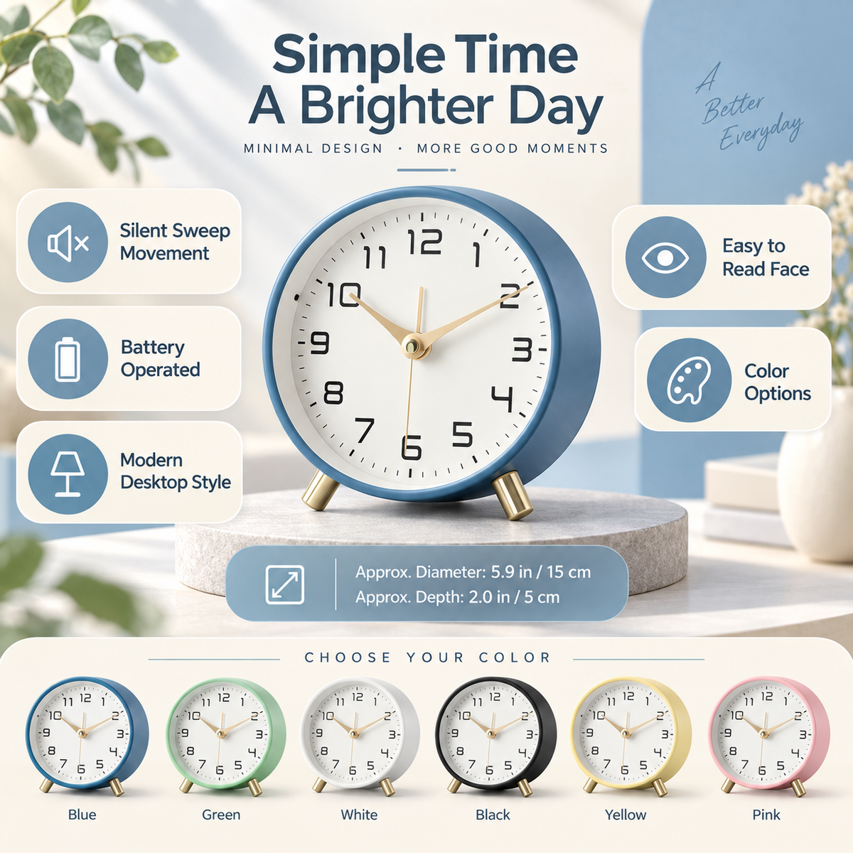 Battery-Operated Scandinavian Table Clock with Silent Sweep Movement