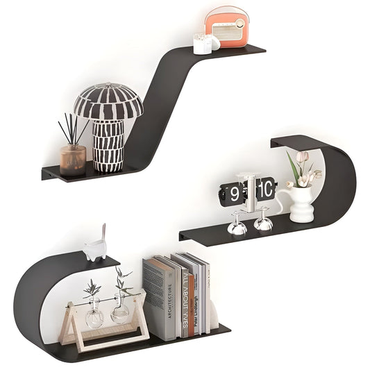 Black Floating Wall Shelves Modern Metal Storage Set