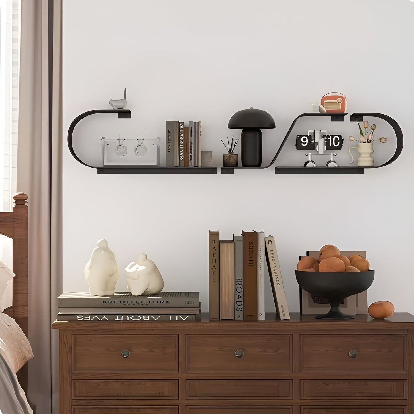 Black Floating Wall Shelves Modern Metal Storage Set