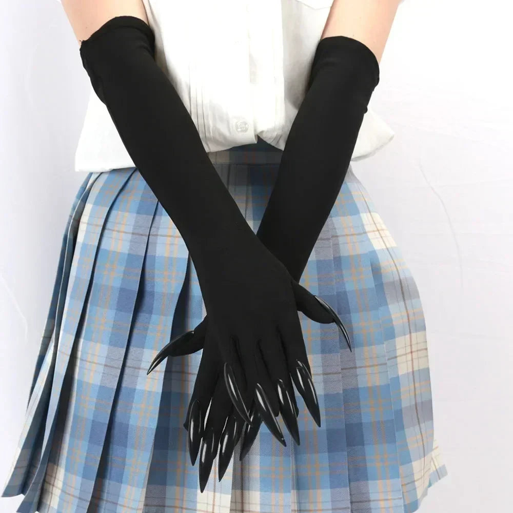 Zwarte satijnen Halloween-kostuumhandschoenen, lange vingers, gothic-cosplay