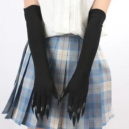 Zwarte satijnen Halloween-kostuumhandschoenen, lange vingers, gothic-cosplay