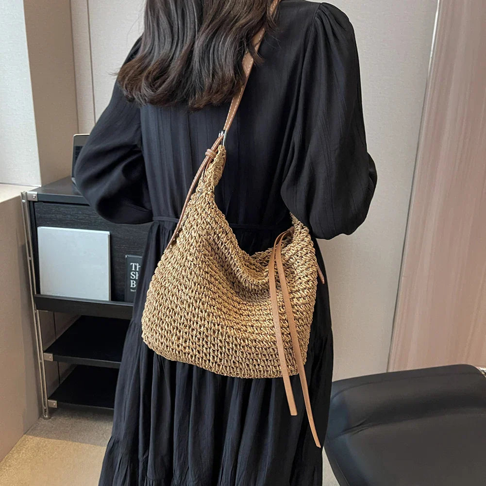 Bohemian Woven Straw Shoulder Bag with Zipper Closure