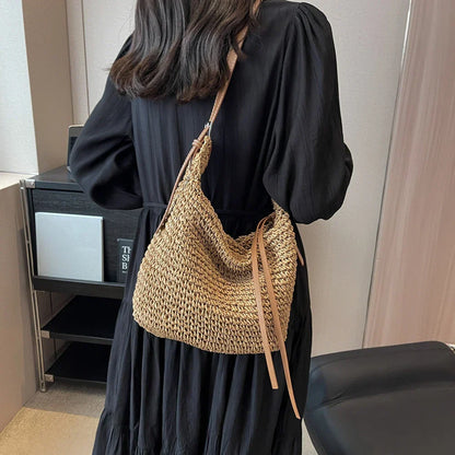 Bohemian Woven Straw Shoulder Bag with Zipper Closure