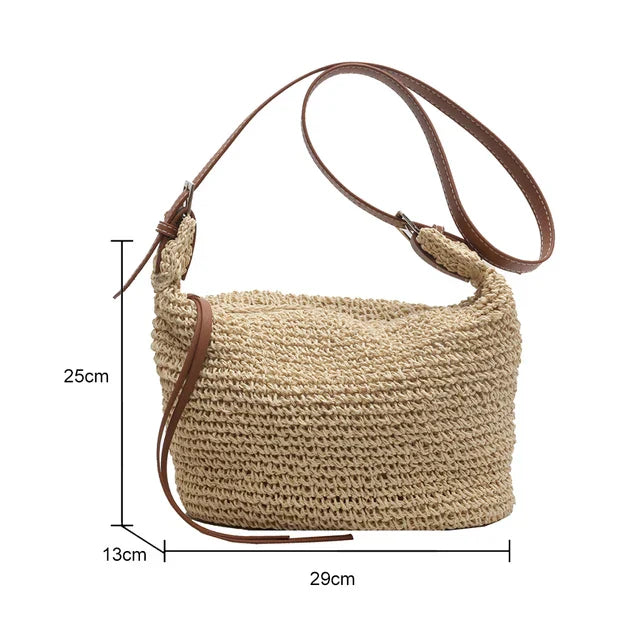 Bohemian Woven Straw Shoulder Bag with Zipper Closure