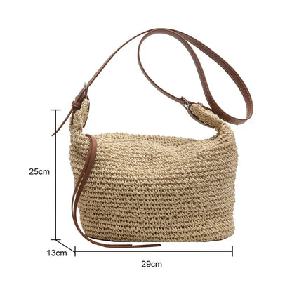 Bohemian Woven Straw Shoulder Bag with Zipper Closure