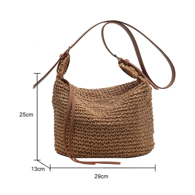 Bohemian Woven Straw Shoulder Bag with Zipper Closure