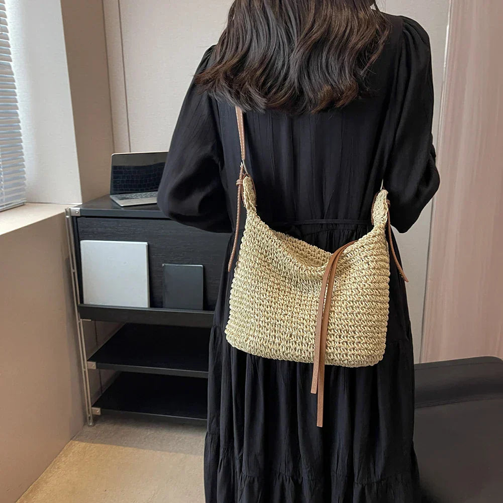 Bohemian Woven Straw Shoulder Bag with Zipper Closure