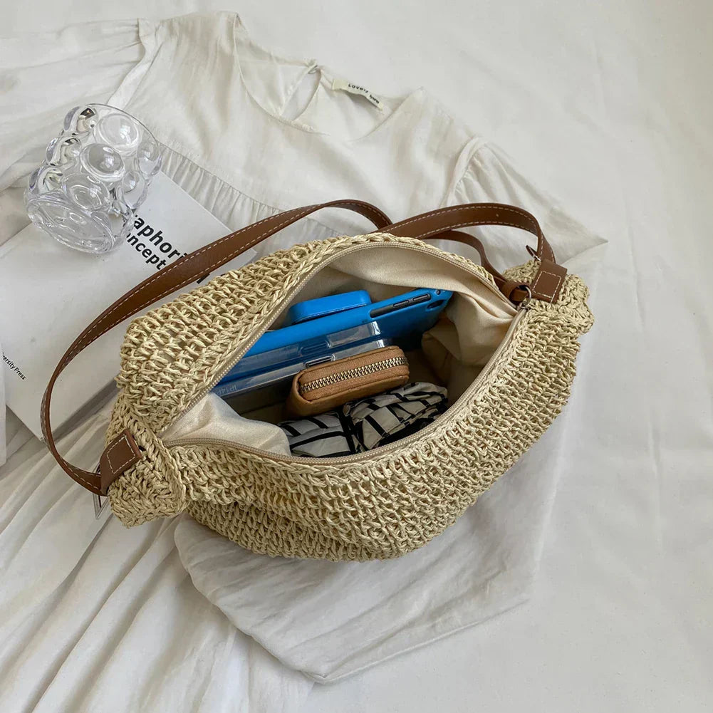 Bohemian Woven Straw Shoulder Bag with Zipper Closure