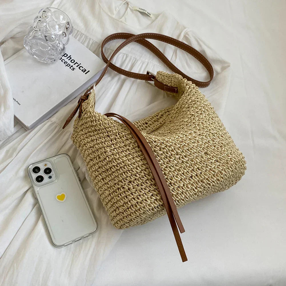 Bohemian Woven Straw Shoulder Bag with Zipper Closure