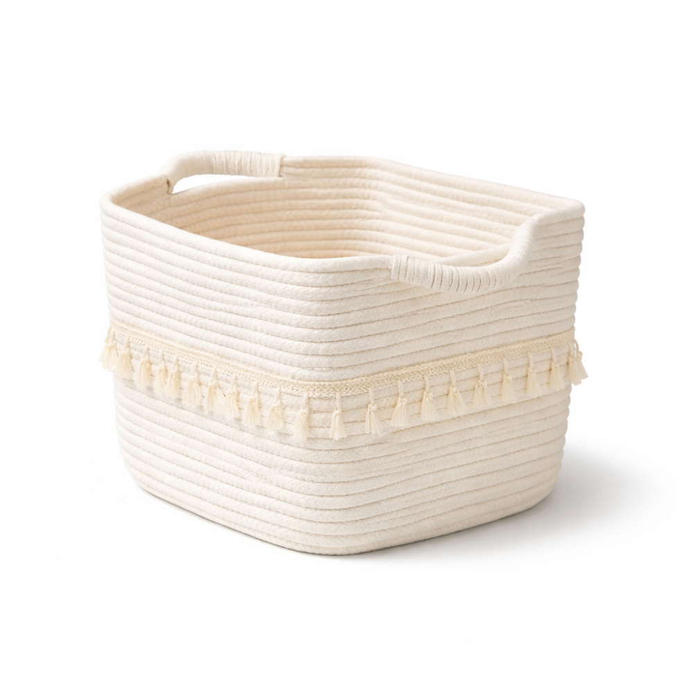 Boho Cotton Storage Basket Woven Tassel Organizer Bin