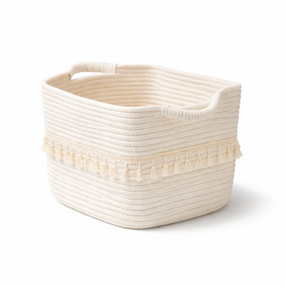 Boho Cotton Storage Basket Woven Tassel Organizer Bin