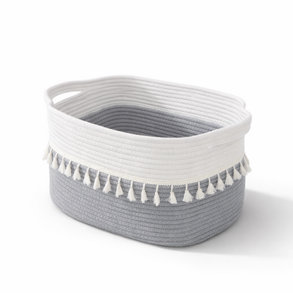 Boho Cotton Storage Basket Woven Tassel Organizer Bin