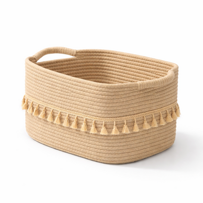 Boho Cotton Storage Basket Woven Tassel Organizer Bin