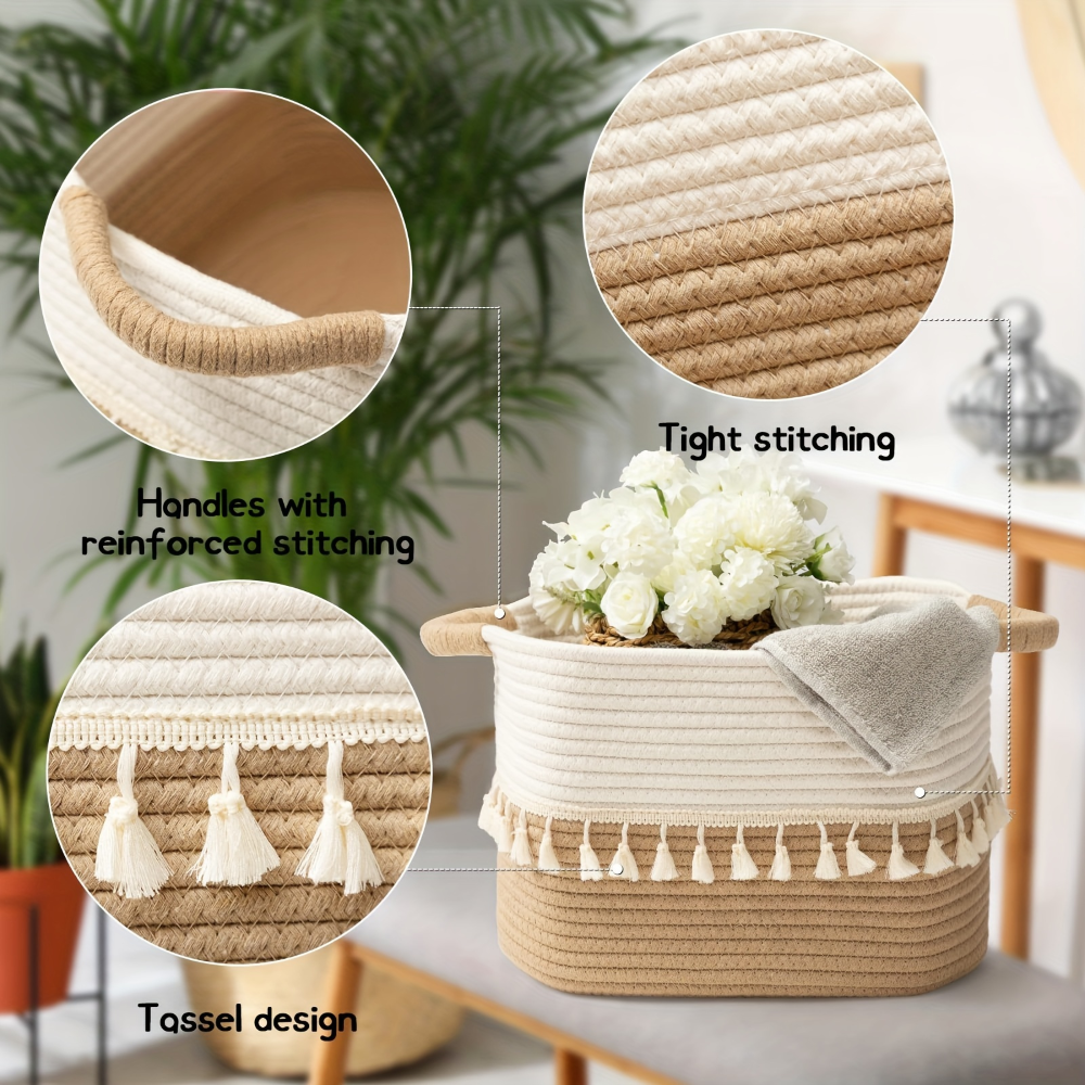 Boho Cotton Storage Basket Woven Tassel Organizer Bin